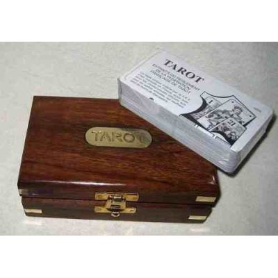 sehr edel Tarot Kartenspiel in Holzbox mit Messingintarsien 
