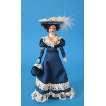 Dame Lady mit Handtasche im blauen Kleid Puppe Miniatur 1:12
