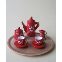 Kaffeeservice rot mit Blumen und Tablett Puppenhaus Miniatur 1:12