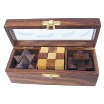 **3 Knobelspiele - in dekorativer Holzbox mit Glasdeckel