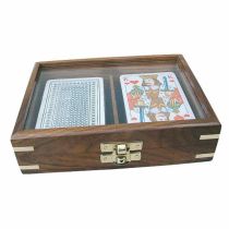 **Spielkartenbox mit Glasdeckel aus Holz+Messingintarsien incl.Kartenspiel doppelt