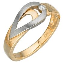 Damen Ring 585 Gelbgold Weißgold, bicolor matt, 1 Diamant Brillant