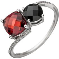 Damen Ring 585 Weißgold 24 Diamanten 1 Granat rot 1 Onyx