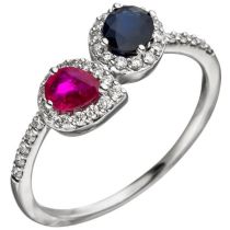 Damen Ring 585 Weißgold 38 Diamanten Rubin rot Safir blau