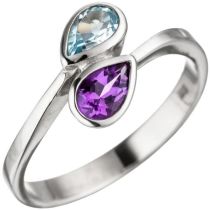 Damen Ring 925 Sterling Silber 1 Amethyst lila violett 1 Blautopas blau