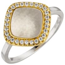 Damen Ring 925 Sterling Silber bicolor Perlmutt 28 Zirkonia