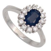 Damen Ring 925 Sterling Silber rhodiniert, 1 Safir blau 12 Zirkonia