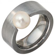 Damen Ring breit Edelstahl matt 1 Perle Größe 50 Perlenring