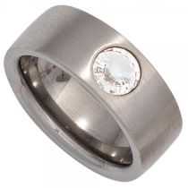 Damen Ring breit Edelstahl matt mit Kristallstein Größe 50