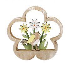 Deko-Blume 3D Holzblume mit Vogel-Blumendekor natur bunt 15 x 15 cm