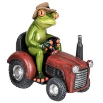 Dekofigur Frosch auf einem roten Traktor, hellgrün, 16 cm