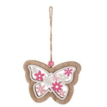 Fensterhänger Holz Schmetterling mit Blumen natur rosa weiß 10 x 17 cm