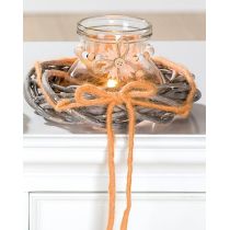GILDE Glas Windlicht mit Rattan Kranz in Orange, 11 x 20 cm