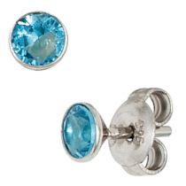 Ohrstecker rund 925 Sterling Silber rhodiniert 2 Zirkonia blau