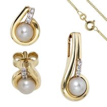 Schmuck-Set 333 Gold Gelbgold Perlen Zirkonia Ohrringe und Kette 42 cm