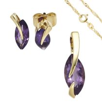 Schmuck-Set 585 Gold Gelbgold 3 Amethyste lila violett Ohrringe und Kette 45 cm