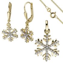 Schmuck-Set Schneeflocke 333 Gold Gelbgold mit Zirkonia Ohrringe und Kette 42 cm