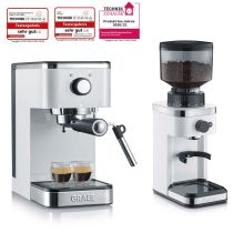 Graef Set weiß Siebträger Espresso Maschine & elektrische Kaffee Mühle Kegelmahlwerk