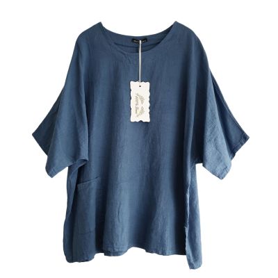 Lagenlook blaue Leinen Shirts Überwürfe große Größen Damen Mode | 10951-NC91519-blau