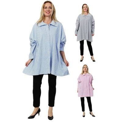 Lagenlook Damen Blusen Jacken Übergrößen AKH - Blau-weiß|||0 Einheitsgröße-Maßangaben beachten, Baumwolle, Polyester, Elasthan | 001880-Blusen