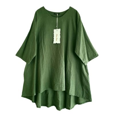 Lagenlook grüne Leinen Tuniken Shirts große Größen Damen Mode - Grün, Einheitsgröße-Maßangaben beachten, Leinen | 10390-NC91143-gruen
