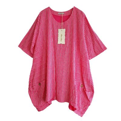 Lagenlook pink-weiße Leinentuniken Shirts New Collection | NC90247-pink