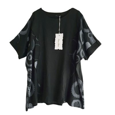 Lagenlook schwarz-graue Leinen Shirts Überwürfe große Größen Damen Mode | 10968-NC90831-schwarz