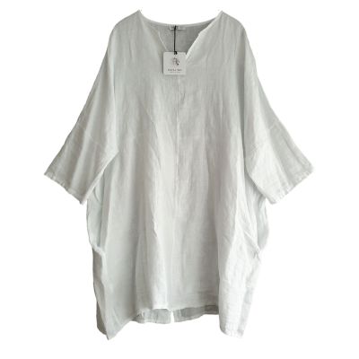LAGENLOOK weiße LEINEN TUNIKA Shirt Damen Sommer Mode | 10984-CM4975-weiss