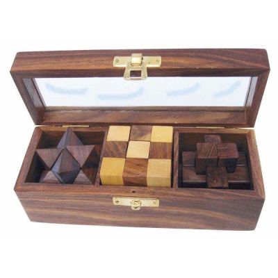 **3 Knobelspiele - in dekorativer Holzbox mit Glasdeckel | 911108851