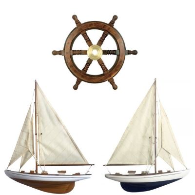 3er Set- Schiffsmodelle Segelyacht und Steuerrad 30 cm | 266054964310 / EAN:0729224393858