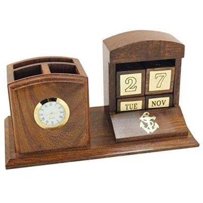 Doppel- Stifthalter aus Holz und Messing- mit Kalender manuell- Uhr | 3083068214