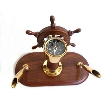Doppel- Stifthalter- Schiffsstand- Steuerrad mit Kompass aus Holz und Messing | 2487600630