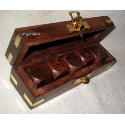 **Edle Würfel- Box mit 5 Würfeln aus Holz und Messingintarsien | 819330556