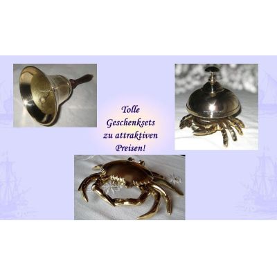 Geschenkeset- Handglocke, Tresenglocke und Aschenbecher in Krabbenform- Messing | 1083834570
