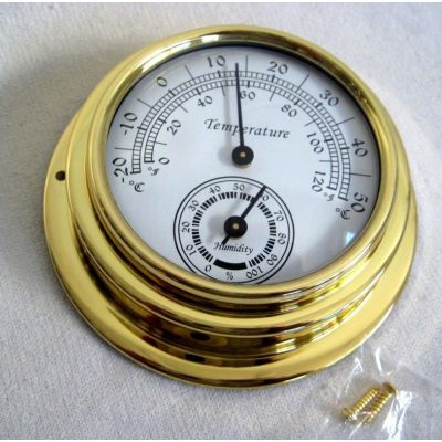 **Kleines, leichtes Thermo-/Hygrometer in Bullaugenform aus Messing- Durchmesser 10 cm | 1596650210
