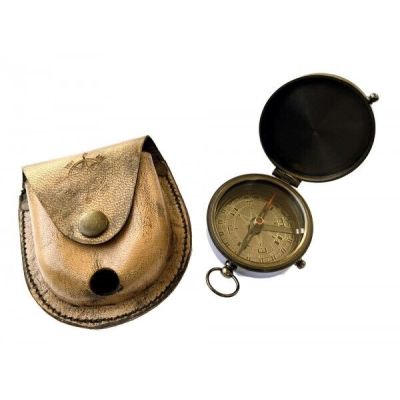 Kompass mit Deckel - Messing brüniert- Antikstil + Lederetui | 266405172570 / EAN:0753646292123