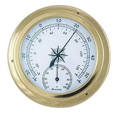 Leichtes Thermo-/Hygrometer in Bullaugenform aus Messing- 14,5 cm | 2494458930
