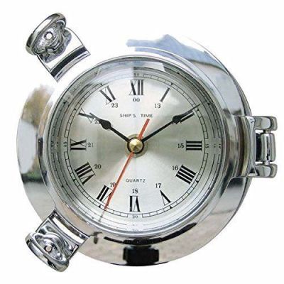 Massive Uhr im Bullaugenform- Messing - verchromt- Durchmesser 14 cm | 2494455365