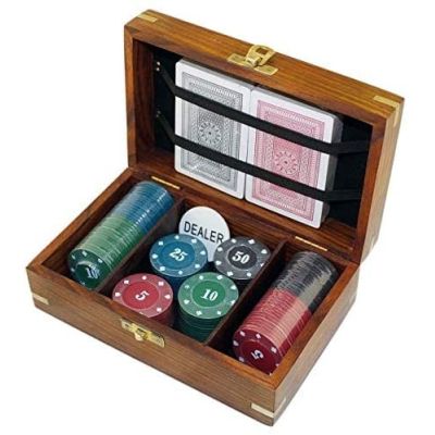 Pokerspiel in Holzbox mit Messingintarsien | 3083090824