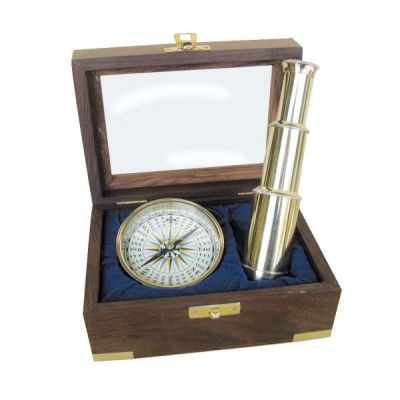 **Set- Teleskop und Kompass inclusive Holzbox mit Glasdeckel | 819326101