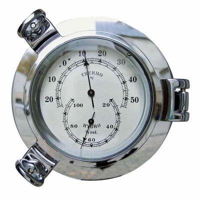 **Thermo- & Hygrometer im Bullaugenform- Messing-verchromt - Durchmesser 14 cm | 819315351