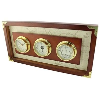 Uhr/Baro/Hygrometer in Bullaugenform- Messing eingefaßt in Holz | 3094422824