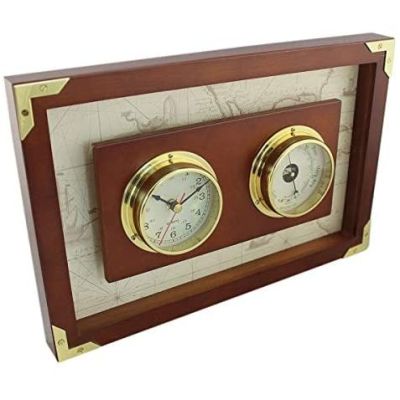 Uhr + Barometer in Bullaugenform- Messing eingefaßt in Holz | 3094415999