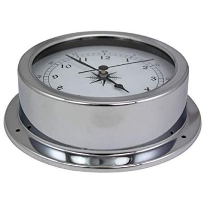 Uhr- in Bullaugenform aus Messing, verchromt- Durchmesser 14,5 cm | 3082949644