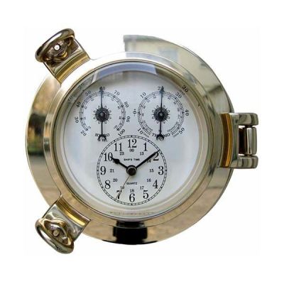 **Uhr, Thermo- & Hygrometer im Bullaugenform- Messing- - Durchmesser 14 cm | 819315316