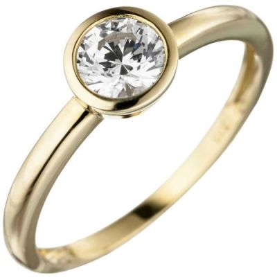 50 - Damen Ring 333 Gelbgold 1 Zirkonia Goldring, 6,5 mm breit | 46632 / EAN:4053258313923