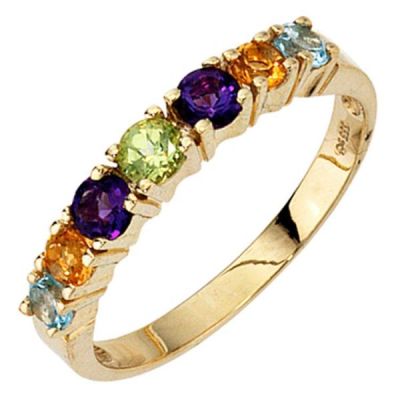 50 - Damen Ring 333 Gelbgold 2 Amethyste 2 Citrine 1 Peridot 2 Blautopase | 37790 / EAN:4053258051535