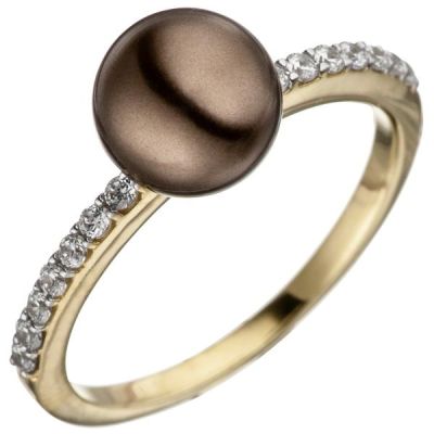 50 - Damen Ring 333 Gelbgold bicolor mit dunkler Perle und Zirkonia | 46353 / EAN:4053258307106