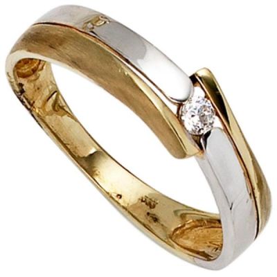 50 - Damen Ring 333 Gelbgold Weißgold teil matt 1 Zirkonia Goldring | 39598 / EAN:4053258233603