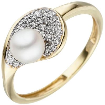 50 - Damen Ring 375 Gold Gelbgold 1 Perle 36 Zirkonia | 48698 / EAN:4053258331996